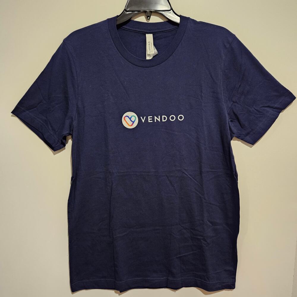 'Vendoo' reseller app logo tagline graphic tee short sleeve navy blue MED. NWOT
